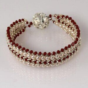 Double Flat Spiral Bracelet – Handcrafted Red, White, and Silver Beaded Bracelet